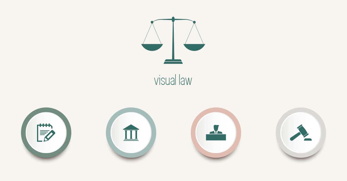 Como capa da matéria “A importância do Visual Law na advocacia”, vemos um exemplo de um infográfico com ícones representando símbolos do Direito.